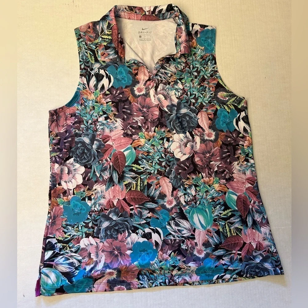 Nike Dri Fit Blue Pink floral Sleeveless‎ Polo golf Tank Top Sz-L. H18